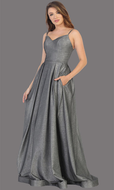 Mayqueen MQ1731 long flowy metallic charcoal grey dress w/ thin straps. This metallic grey flowy, a-line evening dress is perfect as a formal wedding guest dress, sweet 16 dress, quinceanera dress, prom 2020 dress, debut, indowestern gown. Plus sizes