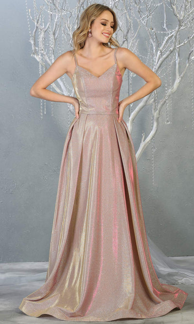 Mayqueen MQ1731 long flowy metallic rose gold dress with thin straps. This metallic light gold flowy, a-line evening dress is perfect as a formal wedding guest dress, sweet 16 dress,quinceanera dress,prom 2020 dress,debut, indowestern gown. Plus sizes.jpg