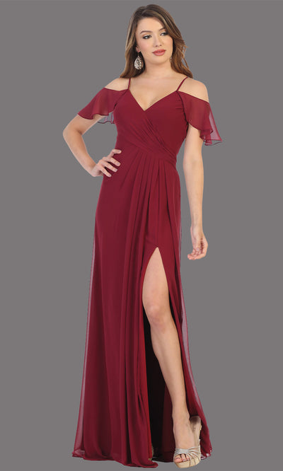 Mayqueen MQ1732 long burgundy red flowy, a-line chiffon dress w/cold shoulder & high slit. This dark red simple dress is perfect as a bridesmaid dress, formal wedding guest dress, destination wedding guest dress, prom dress. Plus sizes avail