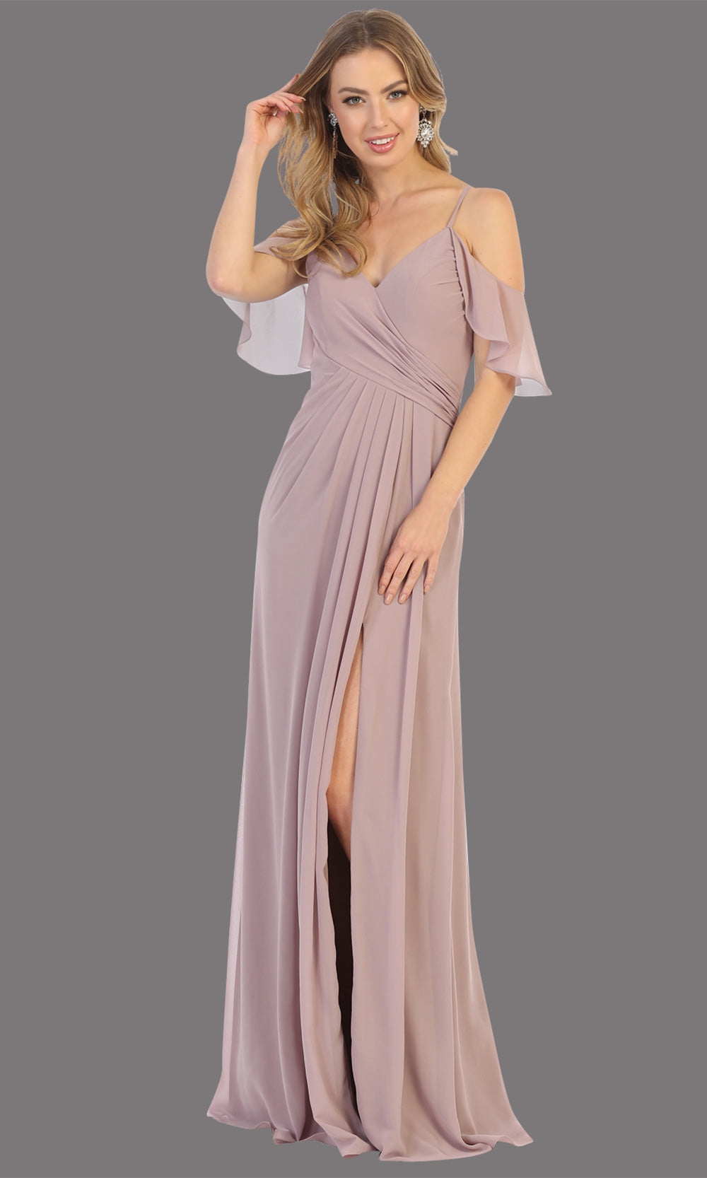Mayqueen MQ1732 long mauve pink flowy, a-line chiffon dress w/cold shoulder & high slit. This dusty rose simple dress is perfect as a bridesmaid dress, formal wedding guest dress, destination wedding guest dress, prom dress. Plus sizes avail