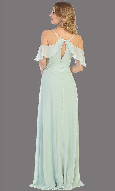 Mayqueen MQ1732 long sage green flowy, a-line chiffon dress w/cold shoulder & high slit. This light green simple dress is perfect as a bridesmaid dress, formal wedding guest dress, destination wedding guest dress, prom dress. Plus sizes avail-back
