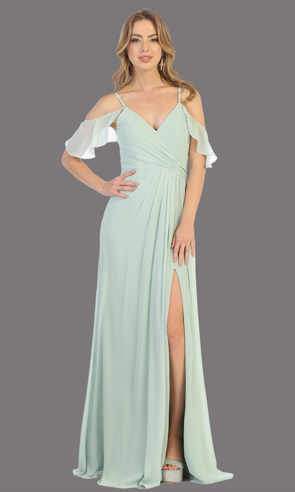 Mayqueen MQ1732 long sage green flowy, a-line chiffon dress w/cold shoulder & high slit. This light green simple dress is perfect as a bridesmaid dress, formal wedding guest dress, destination wedding guest dress, prom dress. Plus sizes avail