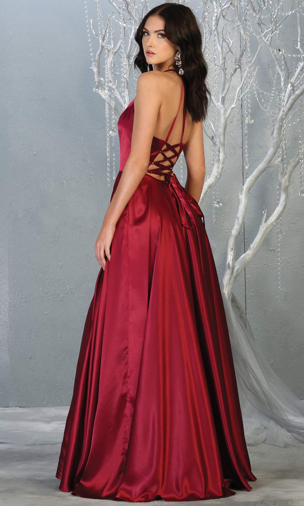Mayqueen MQ1733 long burgundy red satin high neck dress w/low back & high slit. This dark red formal evening dress is perfect for bridesmaid dresses, prom, wedding guest dress, evening party dress. Plus sizes avail-b.jpg