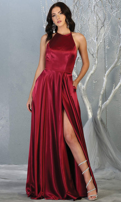 Mayqueen MQ1733 long burgundy red satin high neck dress w/low back & high slit. This dark red formal evening dress is perfect for bridesmaid dresses, prom, wedding guest dress, evening party dress. Plus sizes avail.jpg