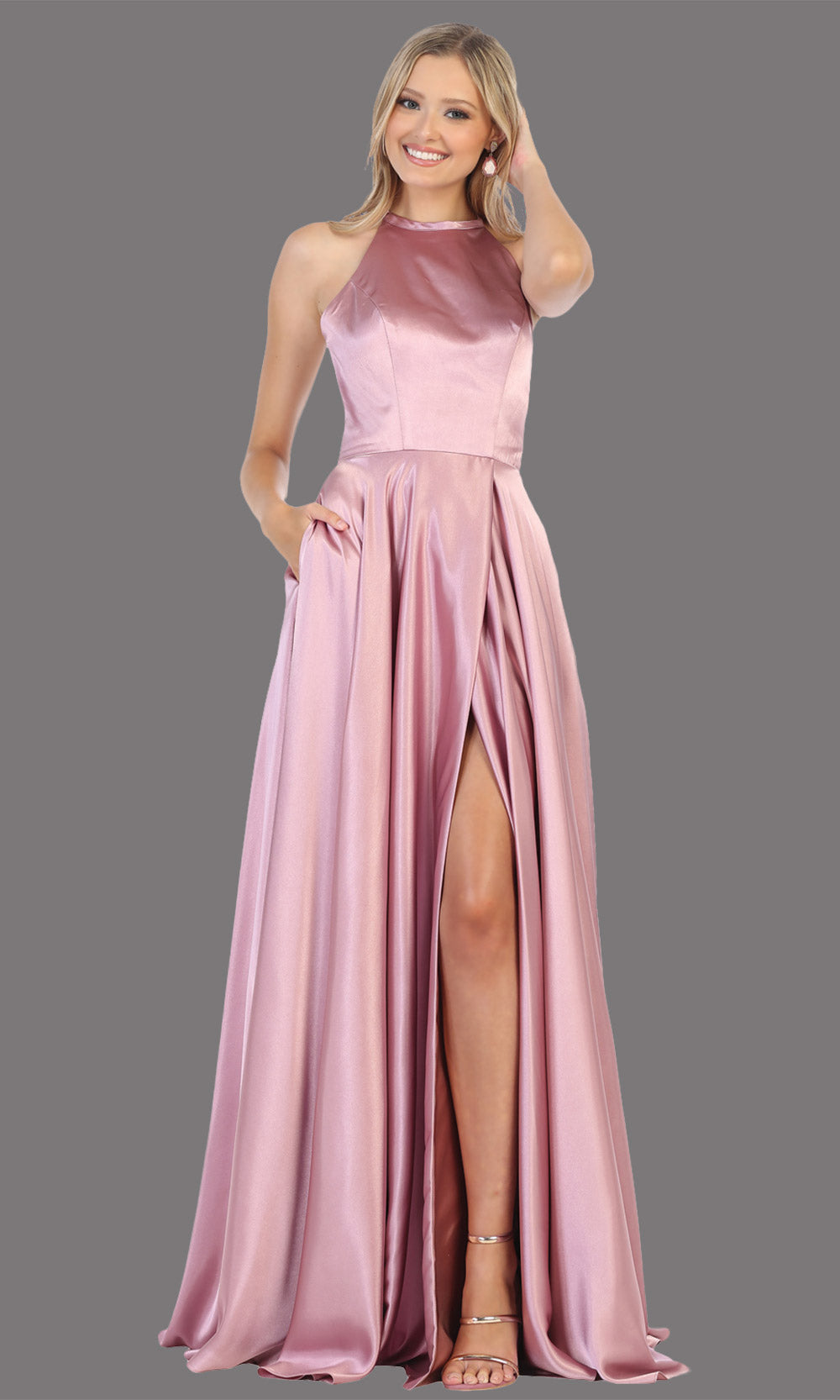 Mayqueen MQ1733 long mauve pink satin high neck dress w/low back & high slit. This light pink formal evening dress is perfect for bridesmaid dresses, prom, wedding guest dress, evening party dress. Plus sizes avail