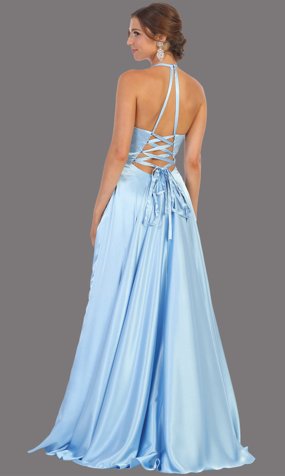 Mayqueen MQ1733 long perry blue satin high neck dress w/low back & high slit. This light blue formal evening dress is perfect for bridesmaid dresses, prom, wedding guest dress, evening party dress. Plus sizes avail-back