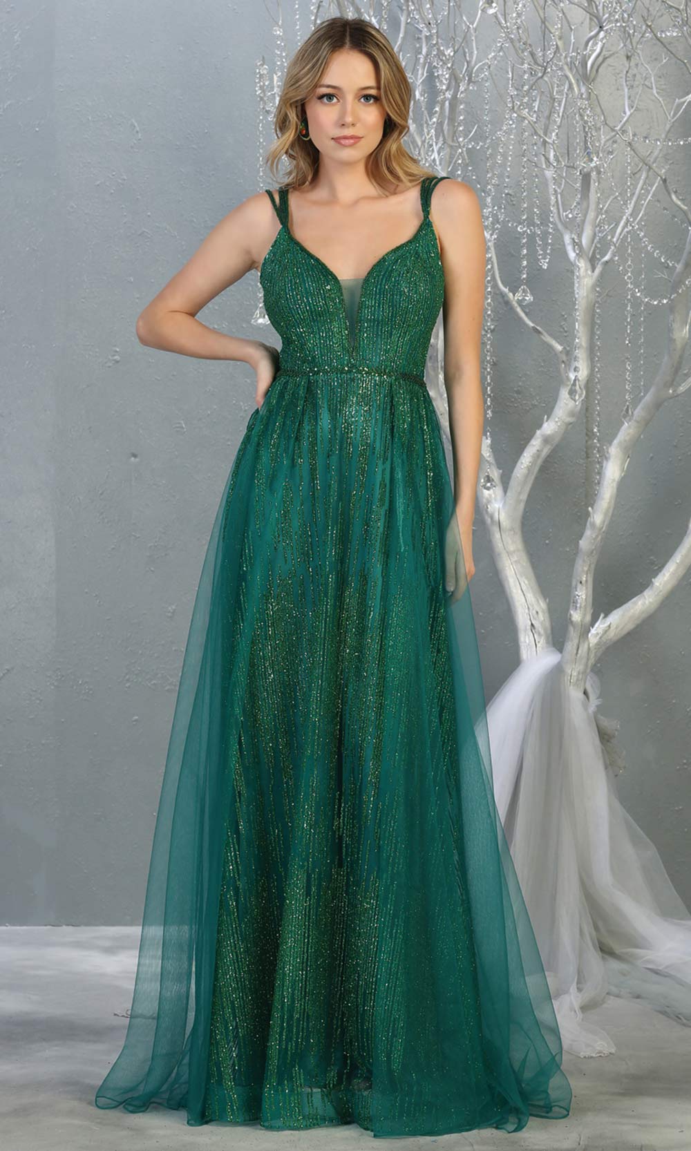 Mayqueen MQ1735 long sequin beaded  hunter green evening dress w/ straps & skirt overlay. This full length dark green gown is perfect for enagagement/e-shoot dress, wedding reception dress, indowestern gown, formal evening party dress.Plus sizes avail.jpg