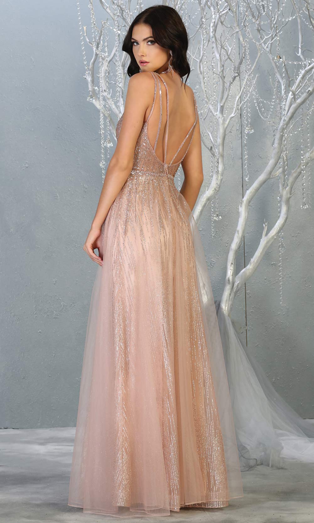 Mayqueen MQ1735 long sequin beaded  rose gold evening dress with straps & skirt overlay. This full length pink gown is perfect for enagagement/e-shoot dress, wedding reception dress, indowestern gown, formal evening party dress.Plus sizes avail.jpg