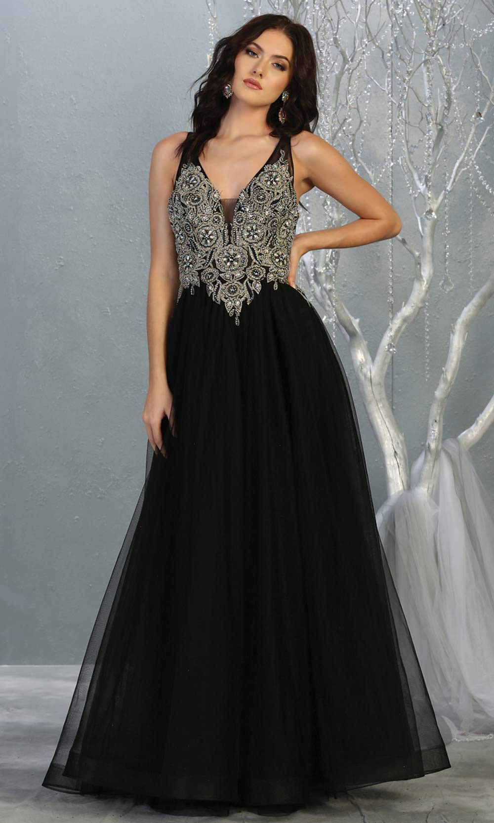 Mayqueen MQ 1737 long black v neck beaded top evening dress w/low back & flowy tulle skirt. Full length black gown is perfect for enagagement/e-shoot dress, wedding reception dress, indowestern gown, formal evening party dress, prom. Plus sizes avail.jpg