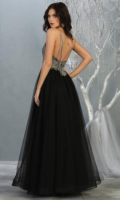 Mayqueen MQ 1737 long black v neck beaded top evening dress w/low back & flowy tulle skirt. Full length black gown is perfect for enagagement/e-shoot dress, wedding reception dress, indowestern gown, formal evening party dress, prom.Plus sizes avail-b.jpg