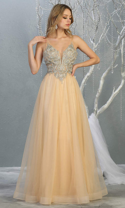 Mayqueen MQ 1737 long champagne gold v neck beaded top evening dress w/low back & flowy tulle skirt.Full length gown is perfect for enagagement/e-shoot dress, wedding reception dress, indowestern gown, formal evening party dress, prom.Plus sizes avail.jpg