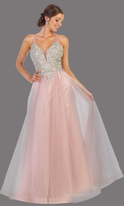 Mayqueen MQ 1737 long mauve pink v neck beaded top evening dress w/low back & flowy tulle skirt.Full length gown is perfect for enagagement/e-shoot dress, wedding reception dress, indowestern gown, formal evening party dress, prom.Plus sizes avail.jpg