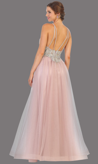 Mayqueen MQ 1737 long mauve pink v neck beaded top evening dress w/low back & flowy tulle skirt.Full length gown is perfect for enagagement/e-shoot dress, wedding reception dress, indowestern gown, formal evening party dress, prom.Plus sizes avail-bac