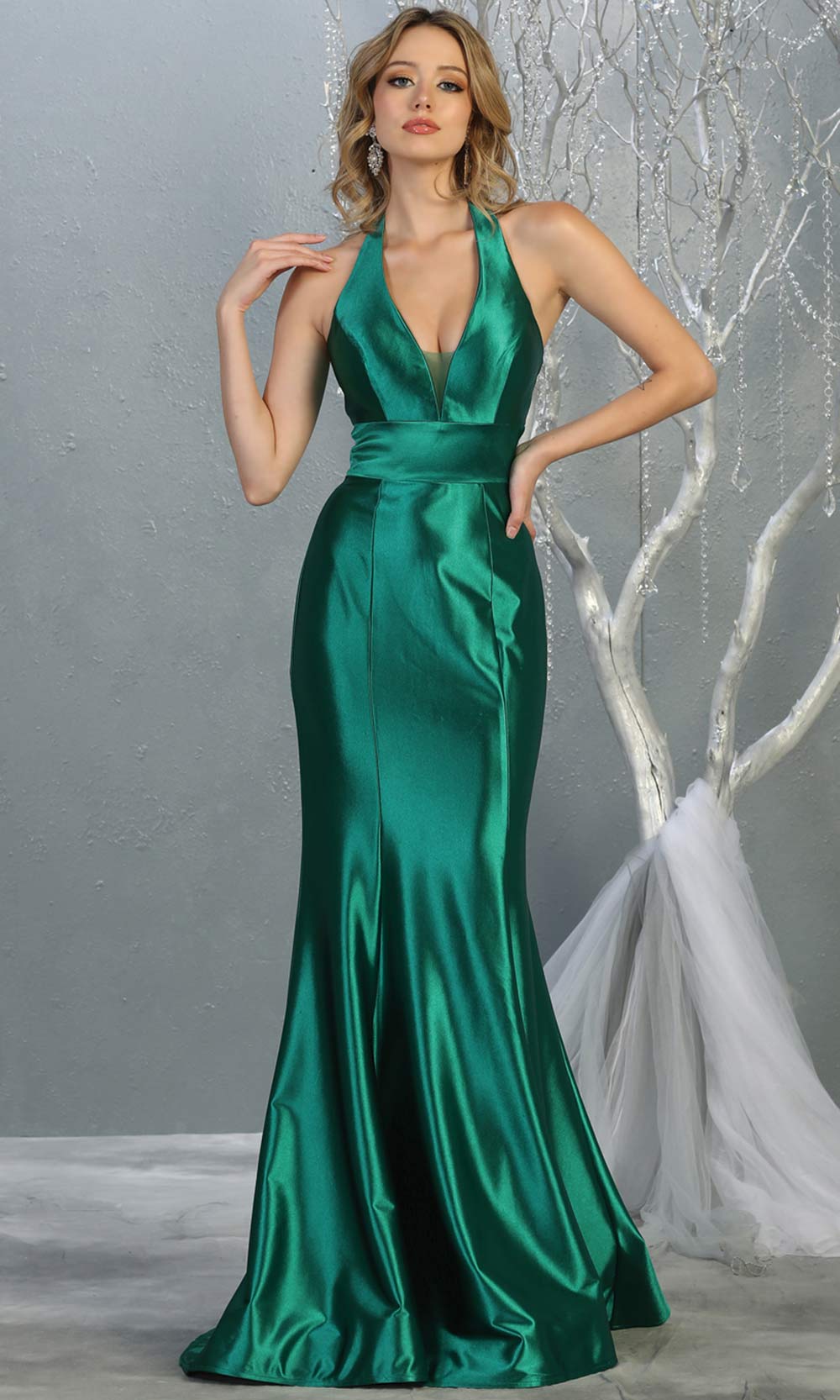 Mayqueen MQ 1740 long emerald green halter evening fitted mermaid dress w/low back. Full length green satin gown is perfect for enagagement/e-shoot dress, formal wedding guest, indowestern gown, evening party dress, prom, bridesmaid. Plus sizes avail.jpg