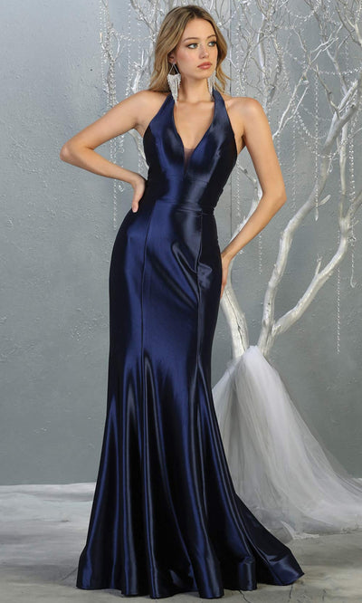 Mayqueen MQ 1740 long navy blue halter evening fitted mermaid dress w/low back.Full length dark blue satin gown is perfect for enagagement/e-shoot dress, formal wedding guest, indowestern gown, evening party dress, prom, bridesmaid. Plus sizes avail.jpg