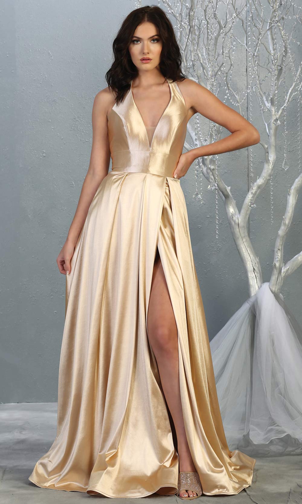 Mayqueen MQ 1741 long champagne halter evening flowy dress w/low back & high slit.Full length light gold satin gown is perfect for enagagement/e-shoot dress,formal wedding guest, indowestern gown, evening party dress,prom, bridesmaid. Plus sizes avail.jpg