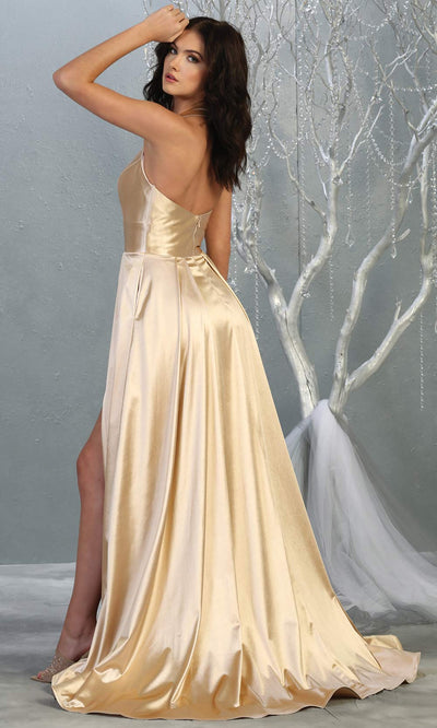 Mayqueen MQ 1741 long champagne halter evening flowy dress w/low back & high slit.Full length light gold satin gown is perfect for enagagement/e-shoot dress,formal wedding guest, indowestern gown, evening party dress,prom, bridesmaid.Plus sizes availB.jpg