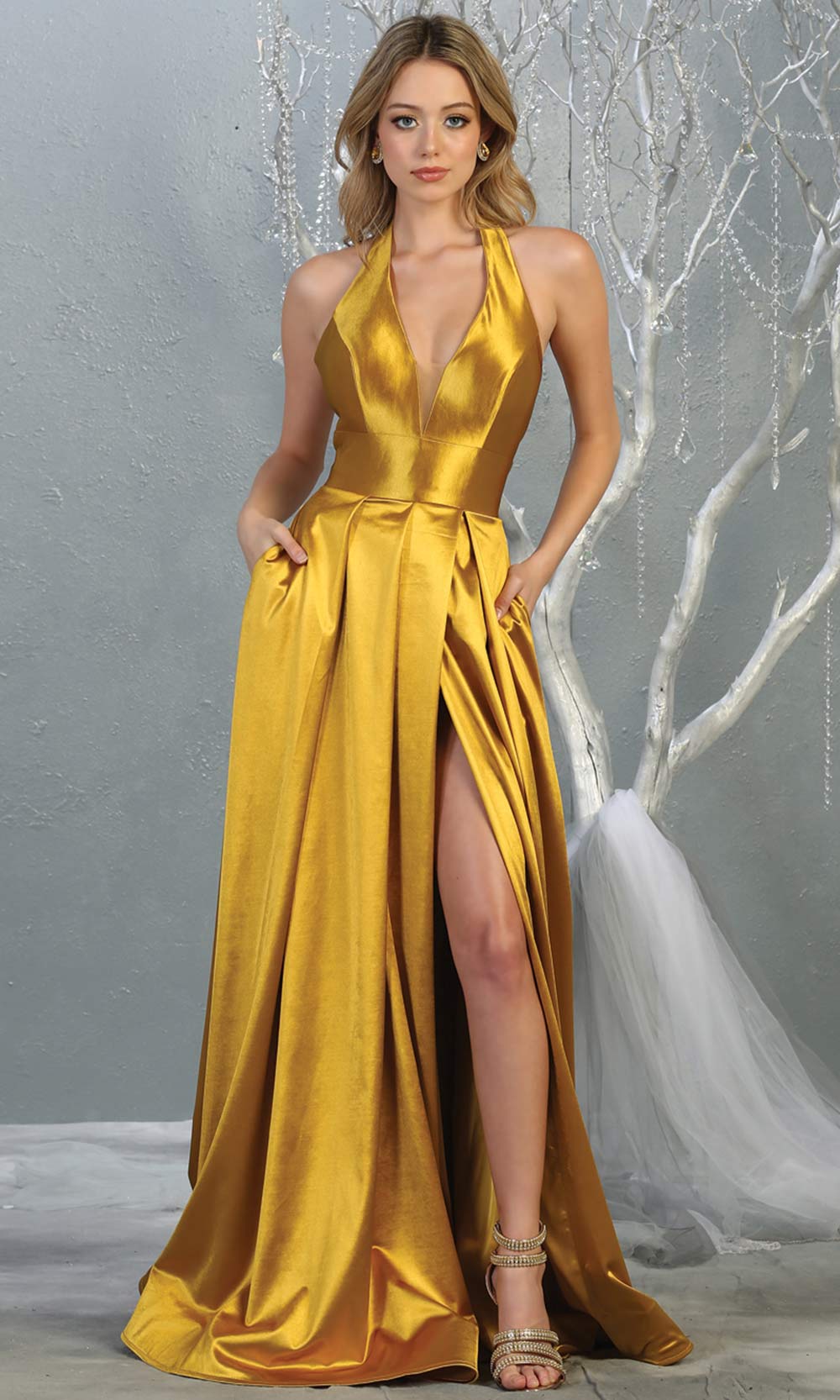 Mayqueen MQ 1741 long metallic gold halter evening flowy dress w/low back & high slit. Full length gold satin gown is perfect for enagagement/e-shoot dress,formal wedding guest, indowestern gown, evening party dress, prom, bridesmaid. Plus sizes avail.jpg