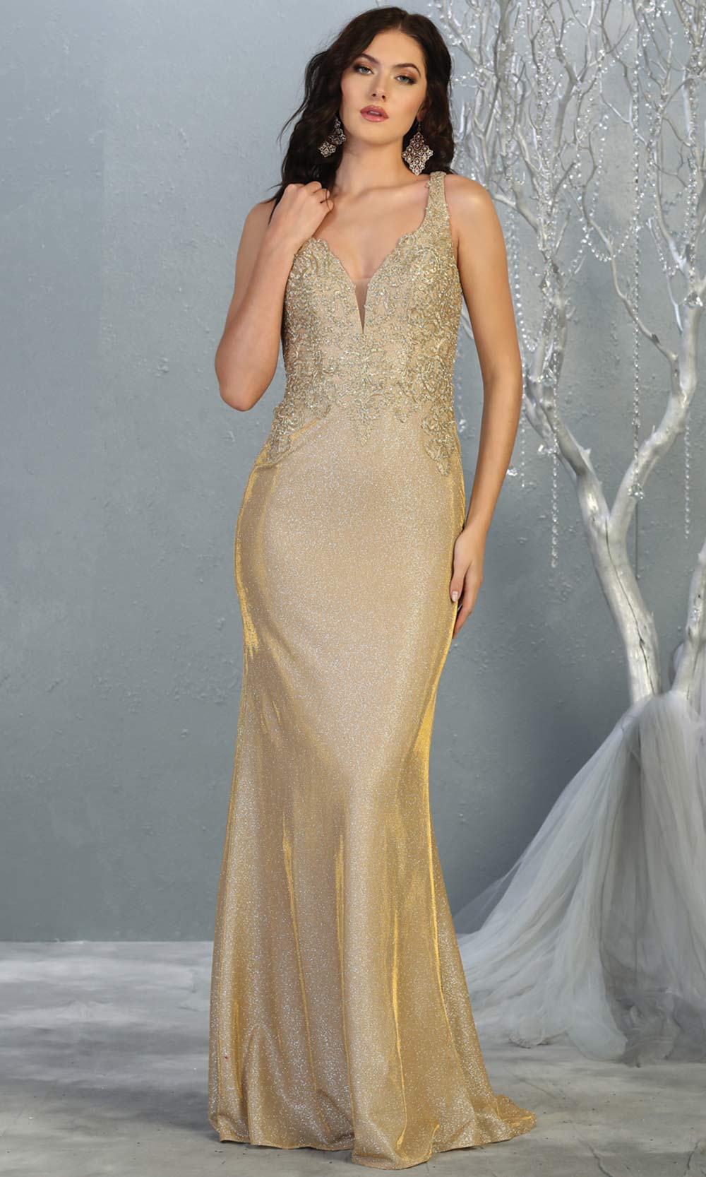 Mayqueen MQ 1744 long gold v neck beaded top evening fitted metallic dress w/low back. Full length gold gown is perfect for enagagement/e-shoot dress, wedding reception dress, indowestern gown, formal evening party dress, prom. Plus sizes avail.jpg