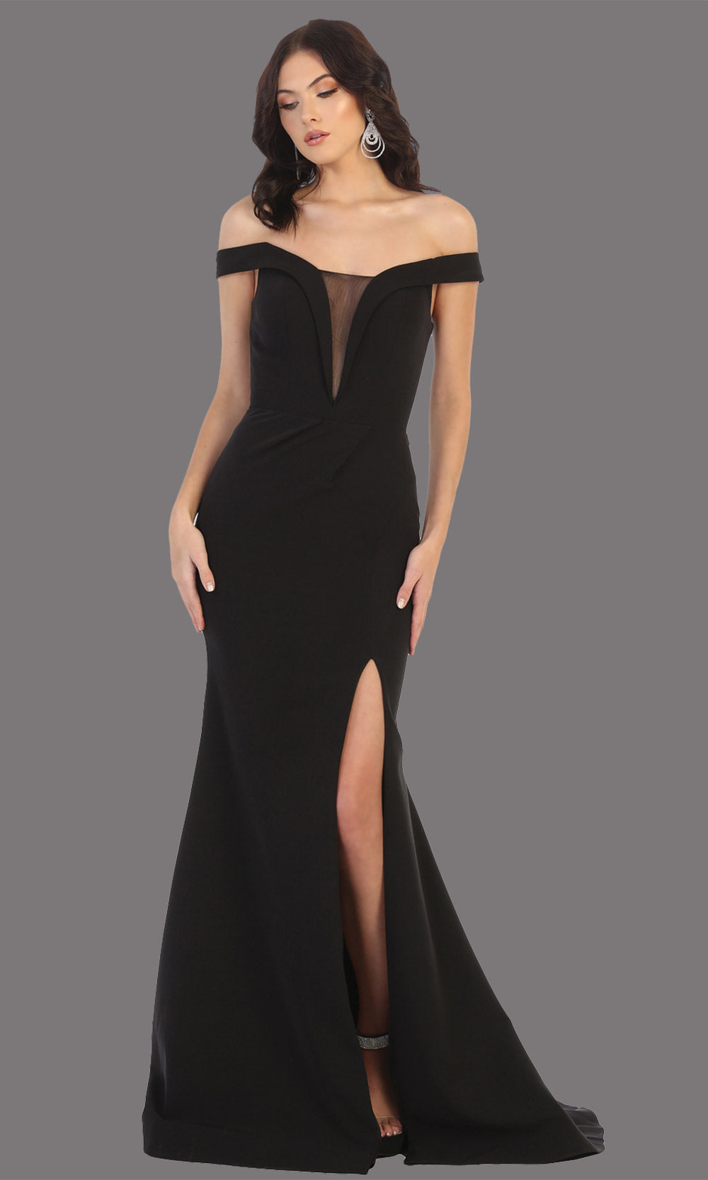 Mayqueen MQ1748 long black fitted sleek & sexy off shoulder dress w/ high slit. This black dress is perfect for bridesmaid dresses, simple wedding guest dress, prom dress, gala, black tie wedding. Plus sizes are available, evening party dress.jpg