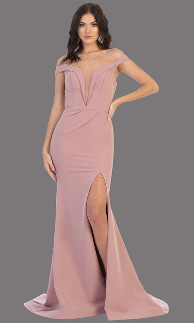 Mayqueen MQ1748 long mauve fitted sleek & sexy off shoulder dress w/ high slit. This dusty rose dress is perfect for bridesmaid dresses, simple wedding guest dress, prom dress, gala, black tie wedding. Plus sizes are available, evening party dress.jpg