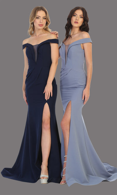 Mayqueen MQ1748 long navy blue fitted sleek & sexy off shoulder dress w/ high slit. This dark blue dress is perfect for bridesmaid dresses, simple wedding guest dress, prom dress, gala, black tie wedding. Plus sizes are available, evening party dress.jpg