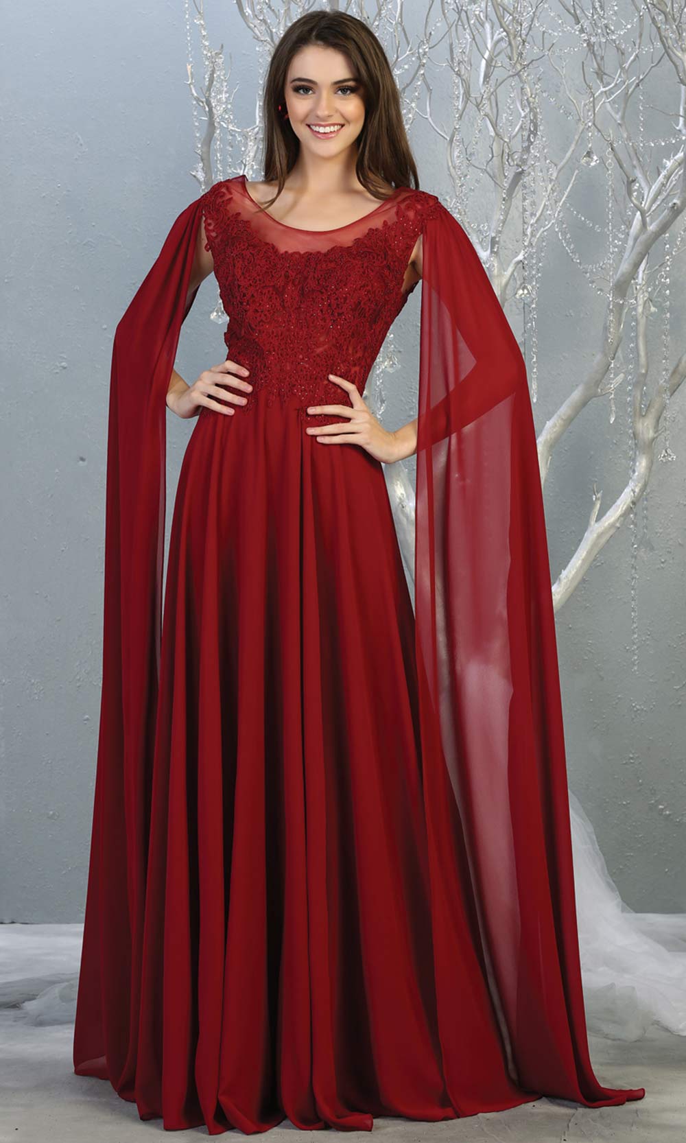 Mayqueen MQ1749 long burgundy red flowy dress w/ long sleeves & low back. This dark red gown is perfect as modest bridesmaid dresses, muslim evening party dress, indowestern gown, formal wedding guest dress, a-line evening party dress.Plus sizes avail.jpg