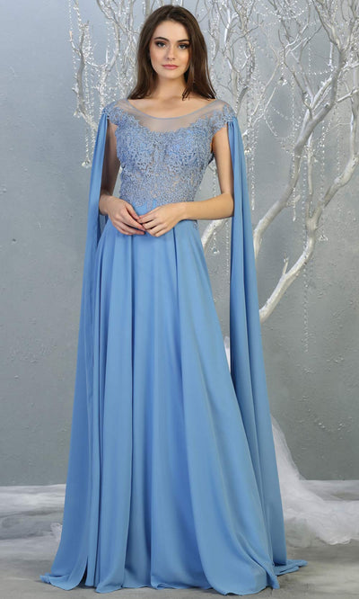 Mayqueen MQ1749 long dusty blue flowy dress w/ long sleeves & low back. This light blue gown is perfect as modest bridesmaid dresses, muslim evening party dress, indowestern gown, formal wedding guest dress, a-line evening party dress.Plus sizes avail.jpg