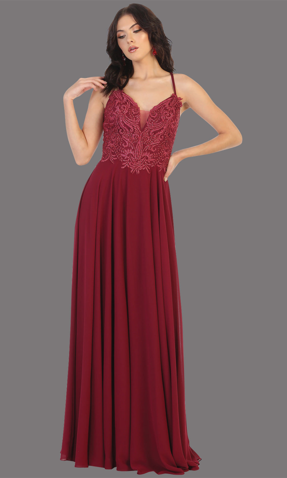 Mayqueen MQ1750 long burgundy flowy sleek & sexy dress w/straps. This dark red dress is perfect for bridesmaid dresses, simple wedding guest dress, prom dress, gala, black tie wedding. Plus sizes are available, evening party dress.jpg