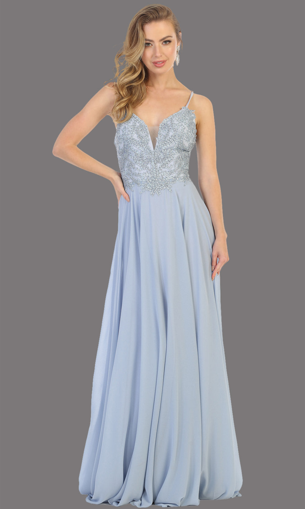 Mayqueen MQ1750 long dusty blue flowy sleek & sexy dress w/straps. This dusty blue dress is perfect for bridesmaid dresses, simple wedding guest dress, prom dress, gala, black tie wedding. Plus sizes are available, evening party dress.jpg
