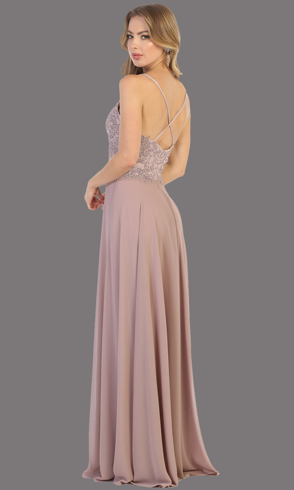 Mayqueen MQ1750 long mauv flowy sleek & sexy dress w/straps. This dusty rose dress is perfect for bridesmaid dresses, simple wedding guest dress, prom dress, gala, black tie wedding. Plus sizes are available, evening party dress-b.jpg