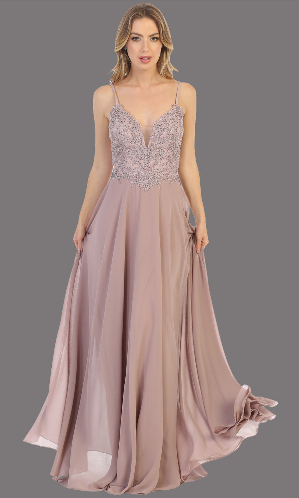 Mayqueen MQ1750 long mauv flowy sleek & sexy dress w/straps. This dusty rose dress is perfect for bridesmaid dresses, simple wedding guest dress, prom dress, gala, black tie wedding. Plus sizes are available, evening party dress.jpg