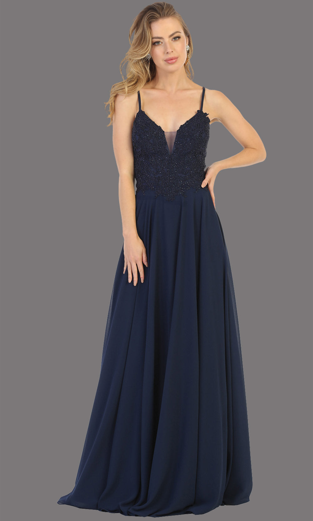 Mayqueen MQ1750 long navy flowy sleek & sexy dress w/straps. This dark blue dress is perfect for bridesmaid dresses, simple wedding guest dress, prom dress, gala, black tie wedding. Plus sizes are available, evening party dress.jpg
