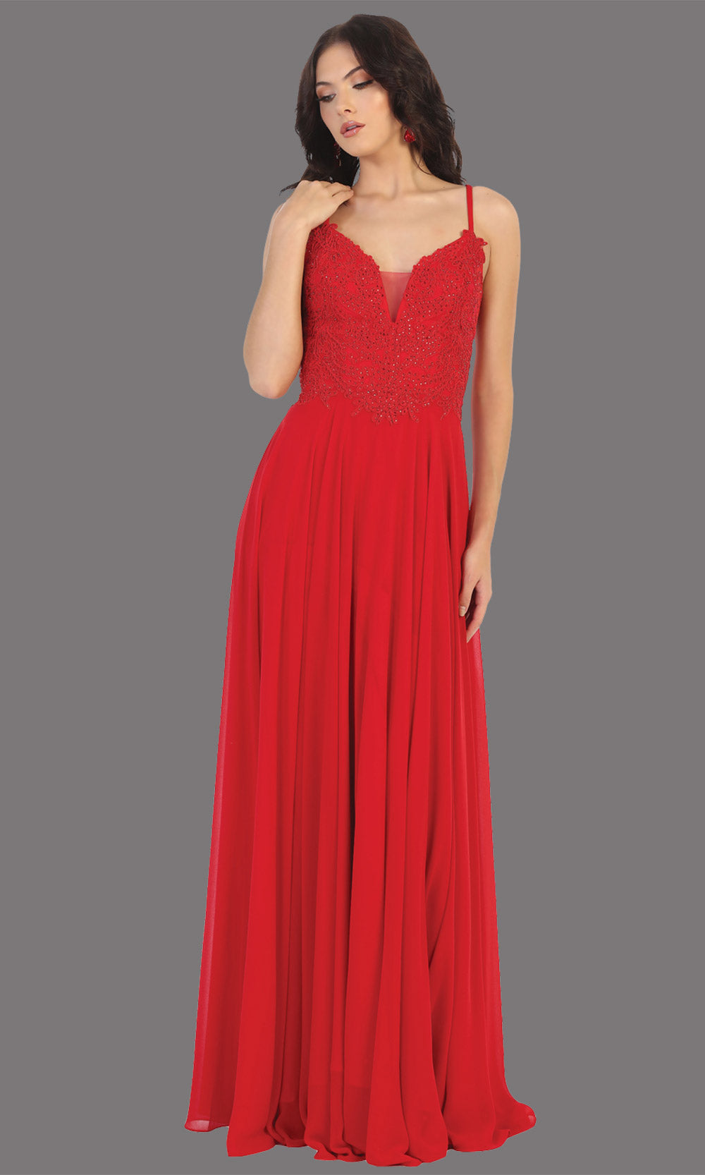 Mayqueen MQ1750 long red flowy sleek & sexy dress w/straps. This red dress is perfect for bridesmaid dresses, simple wedding guest dress, prom dress, gala, black tie wedding. Plus sizes are available, evening party dress.jpg