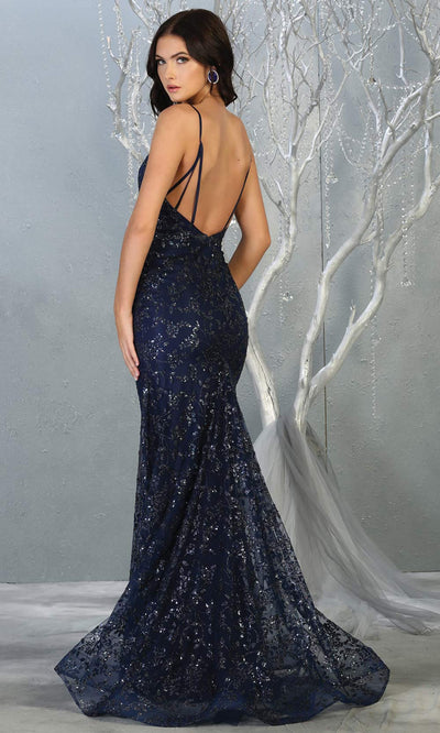 Mayqueen MQ1752 long navy blue sequin evening fitted mermaid dress w/low back. Full length dark blue gown is perfect for enagagement/e-shoot dress, wedding reception dress, indowestern gown, formal evening party dress, prom. Plus sizes avail-b.jpg