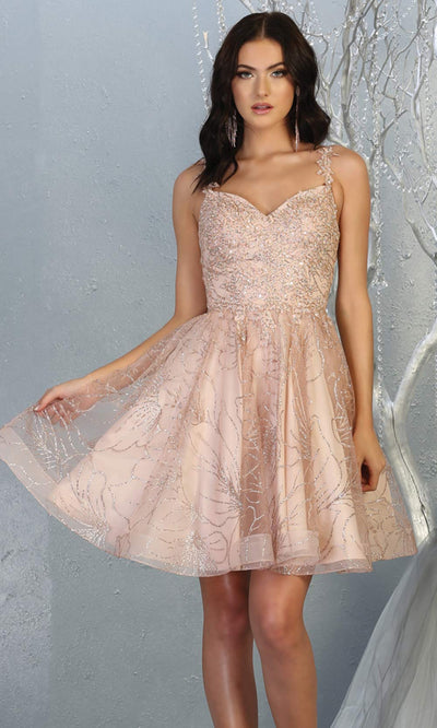 Mayqueen MQ1753 short rose gold flowy v neck glittery sequin grade 8 graduation dress w/ straps. This rose gold party dress is perfect for prom, graduation, grade 8 grad, confirmation dress, bat mitzvah dress, damas.Plus sizes avail for grad dress.jpg