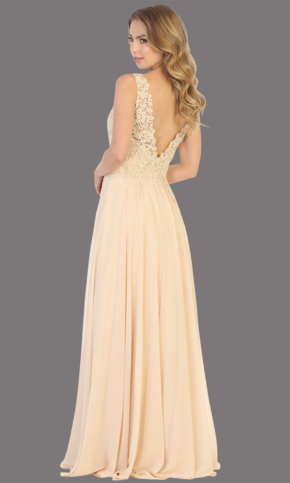 Mayqueen MQ1754 long champagne gold flowy sleek & sexy dress w/straps. This light gold dress is perfect for bridesmaid dresses, simple wedding guest dress, prom dress, gala, black tie wedding. Plus sizes are available, evening party dress-b.jpg