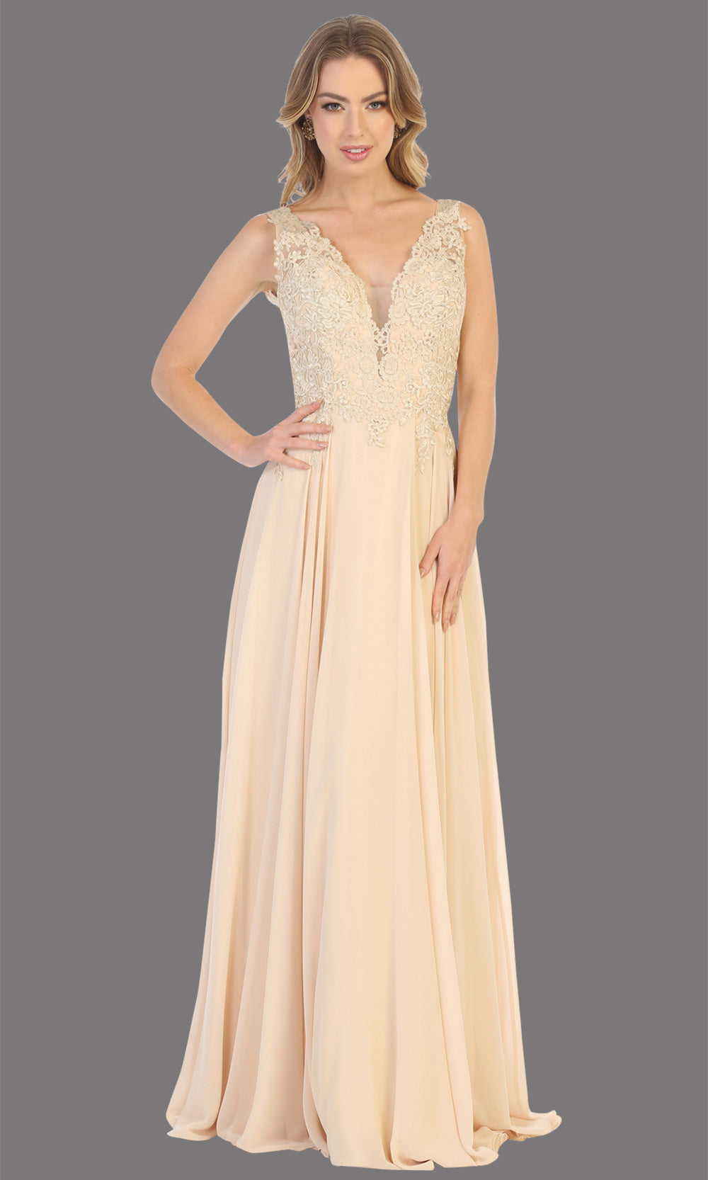 Mayqueen MQ1754 long champagne gold flowy sleek & sexy dress w/straps. This light gold dress is perfect for bridesmaid dresses, simple wedding guest dress, prom dress, gala, black tie wedding. Plus sizes are available, evening party dress.jpg