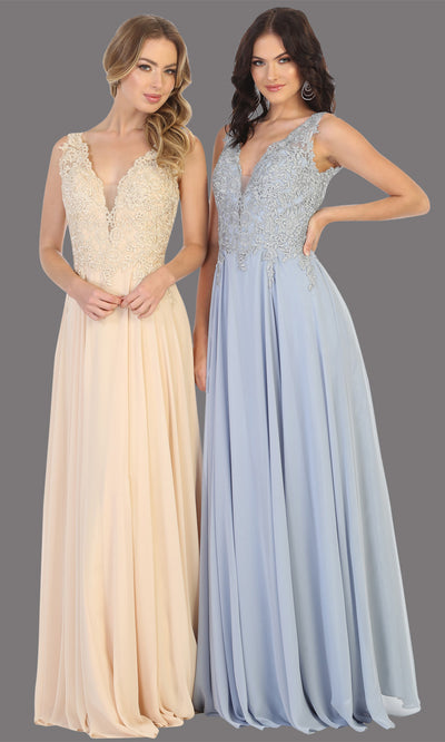 Mayqueen MQ1754 long dusty blue flowy sleek & sexy dress w/straps. This dusty blue dress is perfect for bridesmaid dresses, simple wedding guest dress, prom dress, gala, black tie wedding. Plus sizes are available, evening party dress.jpg