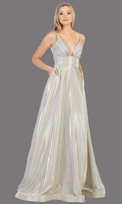Mayqueen MQ1756 long champagne metallic evening flowy dress w/low back & straps. Full length light gold gown is perfect for enagagement/e-shoot dress, wedding reception dress, indowestern gown, formal evening party dress, prom. Plus sizes avail