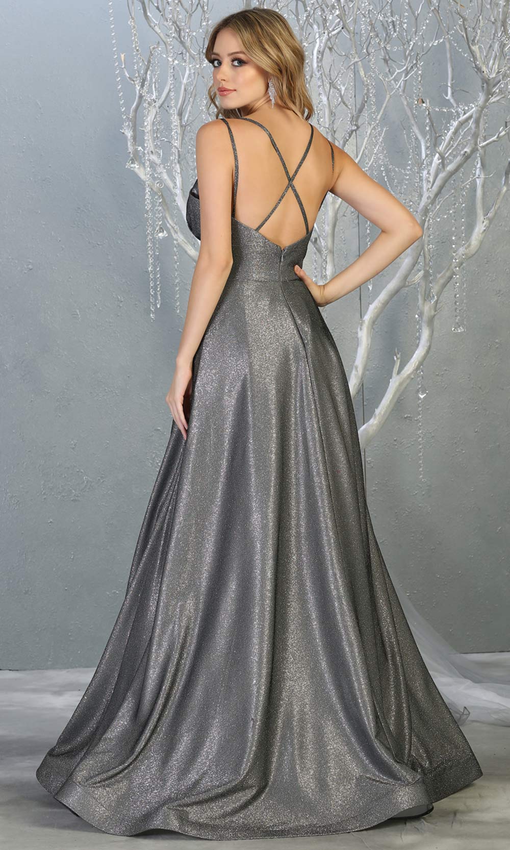 Mayqueen MQ1756 long charcoal gray metallic evening flowy dress w/low back & straps. Full length silver grey gown is perfect for enagagement/e-shoot dress, wedding reception dress, indowestern gown, formal evening party dress, prom. Plus sizes avail-b.jpg