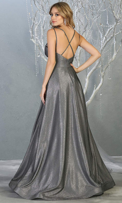 Mayqueen MQ1756 long charcoal gray metallic evening flowy dress w/low back & straps. Full length silver grey gown is perfect for enagagement/e-shoot dress, wedding reception dress, indowestern gown, formal evening party dress, prom. Plus sizes avail-b.jpg