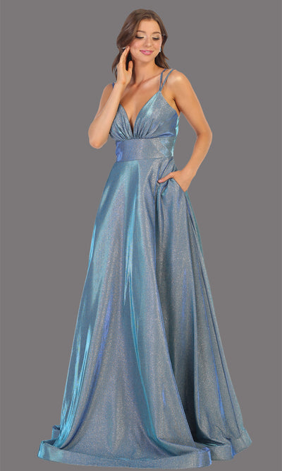 Mayqueen MQ1756 long dusty blue metallic evening flowy dress w/low back & straps. Full length dusty blue gown is perfect for enagagement/e-shoot dress, wedding reception dress, indowestern gown, formal evening party dress, prom. Plus sizes avail