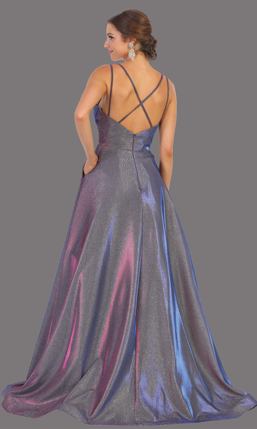 Mayqueen MQ1756 long purple metallic evening flowy dress w/low back & straps. Full length purple gown is perfect for enagagement/e-shoot dress, wedding reception dress, indowestern gown, formal evening party dress, prom. Plus sizes avail-b