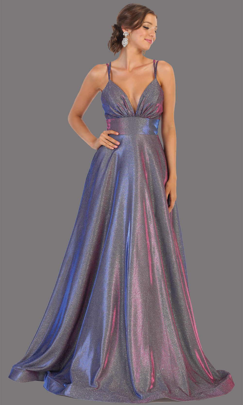 Mayqueen MQ1756 long purple metallic evening flowy dress w/low back & straps. Full length purple gown is perfect for enagagement/e-shoot dress, wedding reception dress, indowestern gown, formal evening party dress, prom. Plus sizes avail