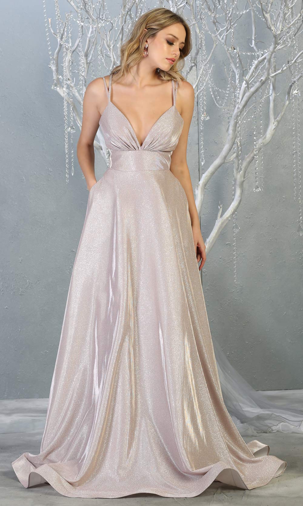 Mayqueen MQ1756 long rose gold metallic evening flowy dress w/low back & straps. Full length rose gold gown is perfect for enagagement/e-shoot dress, wedding reception dress, indowestern gown, formal evening party dress, prom. Plus sizes avail.jpg