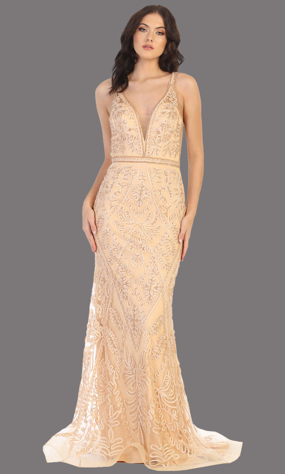 Mayqueen MQ1758 long champagne lace evening fitted dress w/low back & wide straps. Full length champagne gown is perfect for enagagement/e-shoot dress, wedding reception dress, indowestern gown, formal evening party dress, prom. Plus sizes avail