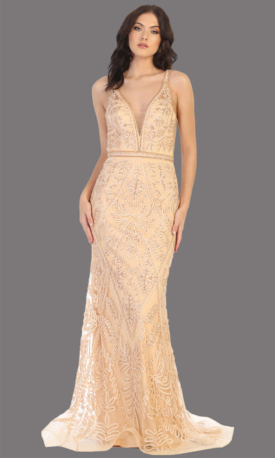 Mayqueen MQ1758 long champagne lace evening fitted dress w/low back & wide straps. Full length champagne gown is perfect for enagagement/e-shoot dress, wedding reception dress, indowestern gown, formal evening party dress, prom. Plus sizes avail