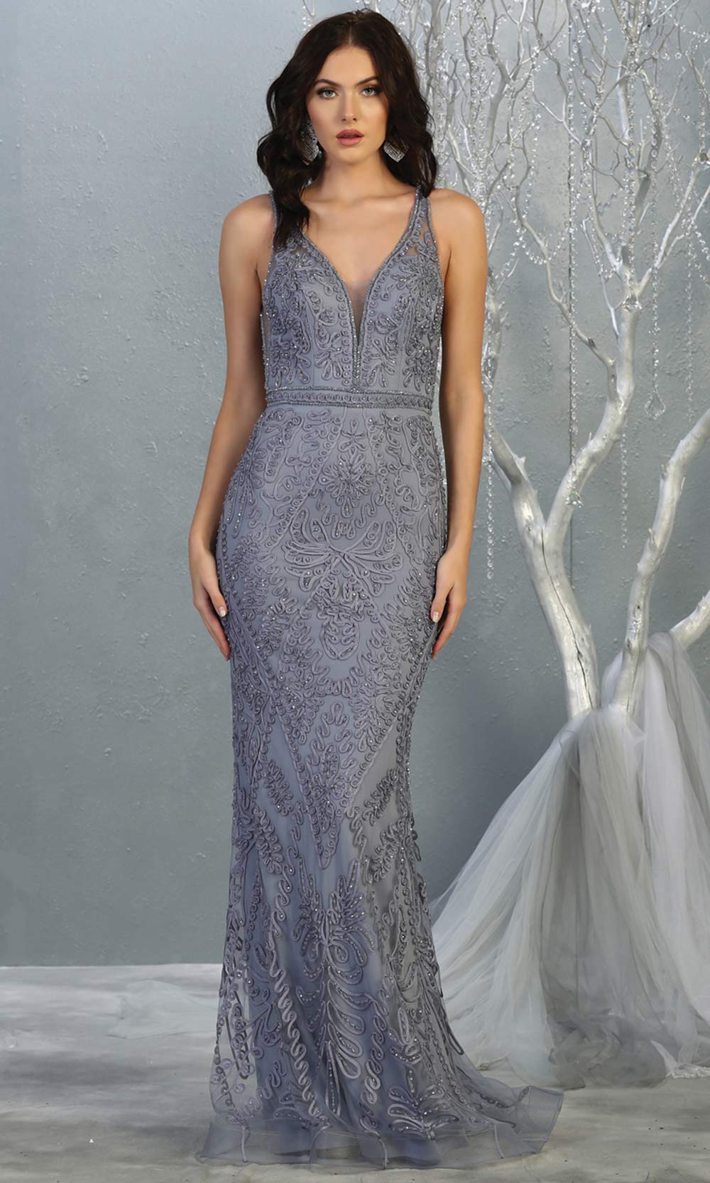 Mayqueen MQ1758 long dusty blue lace evening fitted dress w/low back & wide straps. Full length blue grey gown is perfect for enagagement/e-shoot dress, wedding reception dress, indowestern gown, formal evening party dress, prom. Plus sizes avail.jpg