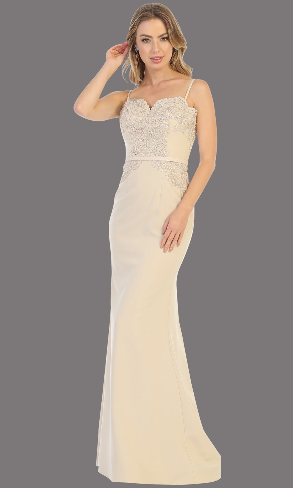 Mayqueen MQ1759 long champagne lace top evening fitted dress w/straps. Full length light gold gown is perfect for bridesmaids, enagagement/e-shoot dress, wedding guest dress, indowestern gown, formal evening party dress, prom. Plus sizes avail